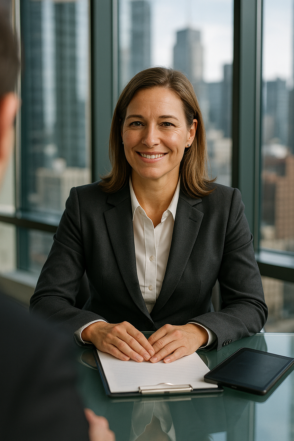 Executive interview scene showing a professional woman in a modern office