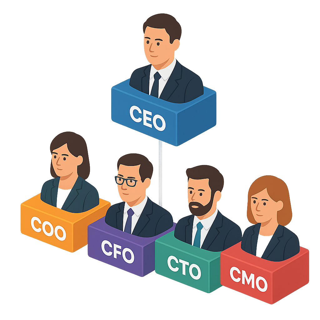 Isometric org chart showing CEO branching to C-suite executives with department color coding